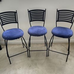 Set of 3 Black Metal Bar Stools with Velvet Navy Blue Cushions 26"