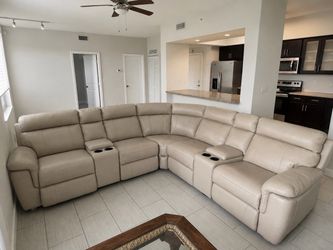 Beige Leather Sectional Recliner Sofa