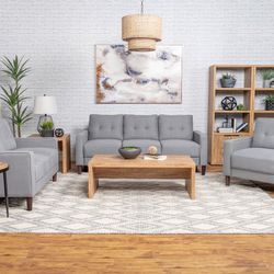 3-piece Upholstered Track Arms Tufted Sofa Set Grey 