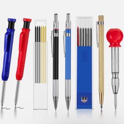 8 Pieces Carpenter Scriber Marking Kit Includes 4 Mechanical Carpenter Pencils, 2 Packs Marker Refills, Metal Carbide Scriber and Automatic Center Pun