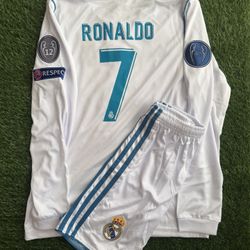 Ronaldo Real Madrid White 2017 Long Sleeve Kids Kit Soccer Jersey