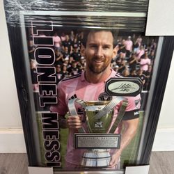 Beautiful Lionel Messi framed collectible photo celebrating the MLS champion superstar. This display features an 8x10 photo with a laser (printed) sig
