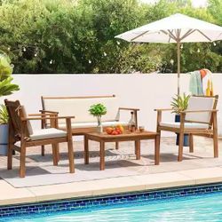 ❤️Patio Furniture 4 Piece Acacia Wood Outdoor Conversation Sofa Set 