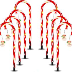 Christmas Candy Cane Solar Light with Cute Santa Claus Star Snowflake, Set of 8 Christmas Outdoor Decorations Pathway Markers for Sidewalk Yard Holida
