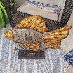 Large Metal & Glass Fish Candle Holder Sculpture