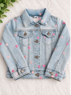 Takko Girls Light Wash Denim Jacket with Pink Hearts 92