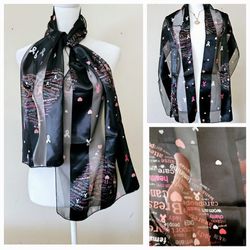 58"×13" Black & Pink Breast Cancer Awareness Scarf with Hearts and Awareness Ribbons Design Pattern Silk Feel 100% Polyester Unisex Scarf. See Through