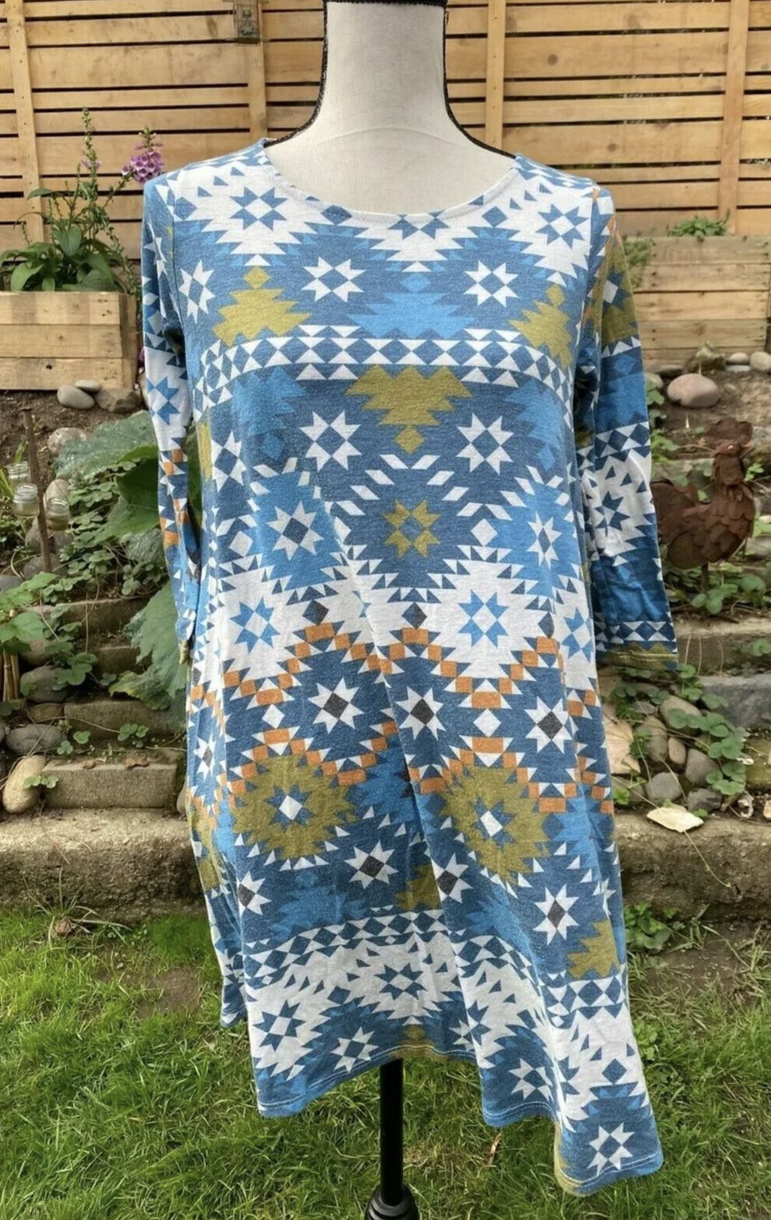 MITTOSHOP Blue Gold Aztec Print Boho Dress Oversized 3/4 Sleeve Women's S