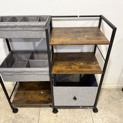 3 Tier Rolling Cart Organizer - Sturdy Wooden Book Shelves, Soft-Sided Fabric Bins, Mobile Storage Cart for Home, Office, Kitchen & Bedrooms