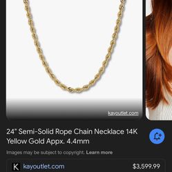 24" Semi-Solid Rope Chain Necklace 14K Yellow Gold Appx. 4.4mm