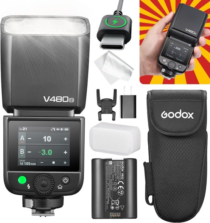 Godox V480 for Nikon GODOX TTL Flash – GN50/1.7s Recycle/650 Flash Time/HSS/Smart Distance Readout/10 Level LED Modeling lamp/2.0” Touchscreen