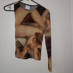 Zara asymmetrical sleeve renaissance print top size M