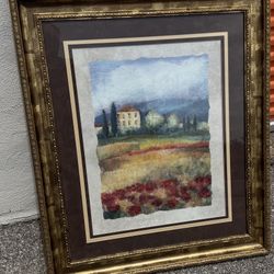 Large Signed Landscape Print in Ornate Gold Frame