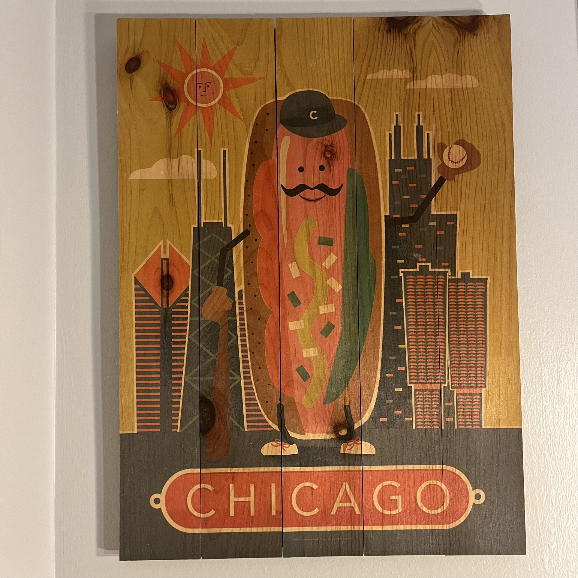 Chicago Hot Dog Baseball Wood Sign