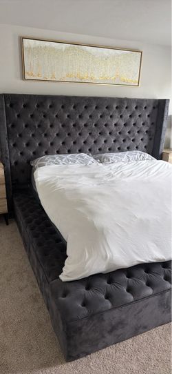 Queen Dark Grey Velvet Tufted Wingback Bed Frame