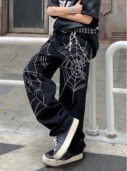 $21 Medium Black Spider Web Men's Hip-hop Embroidered Baggy Jeans Loose Fit Denim Black Trousers
