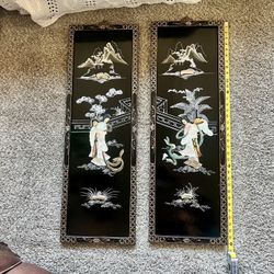 Vintage Oriental Lacquer Panel Pair — Mother-of-Pearl Inlay