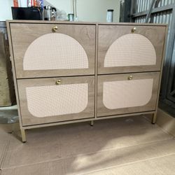 New in a sealed box Rattan Shoe Cabinet W 48”xH 36”xD 10” with 4 Flip Drawers, Modern 40 Pair Shoe Storage Cabinet for Entryway with Golden Handles