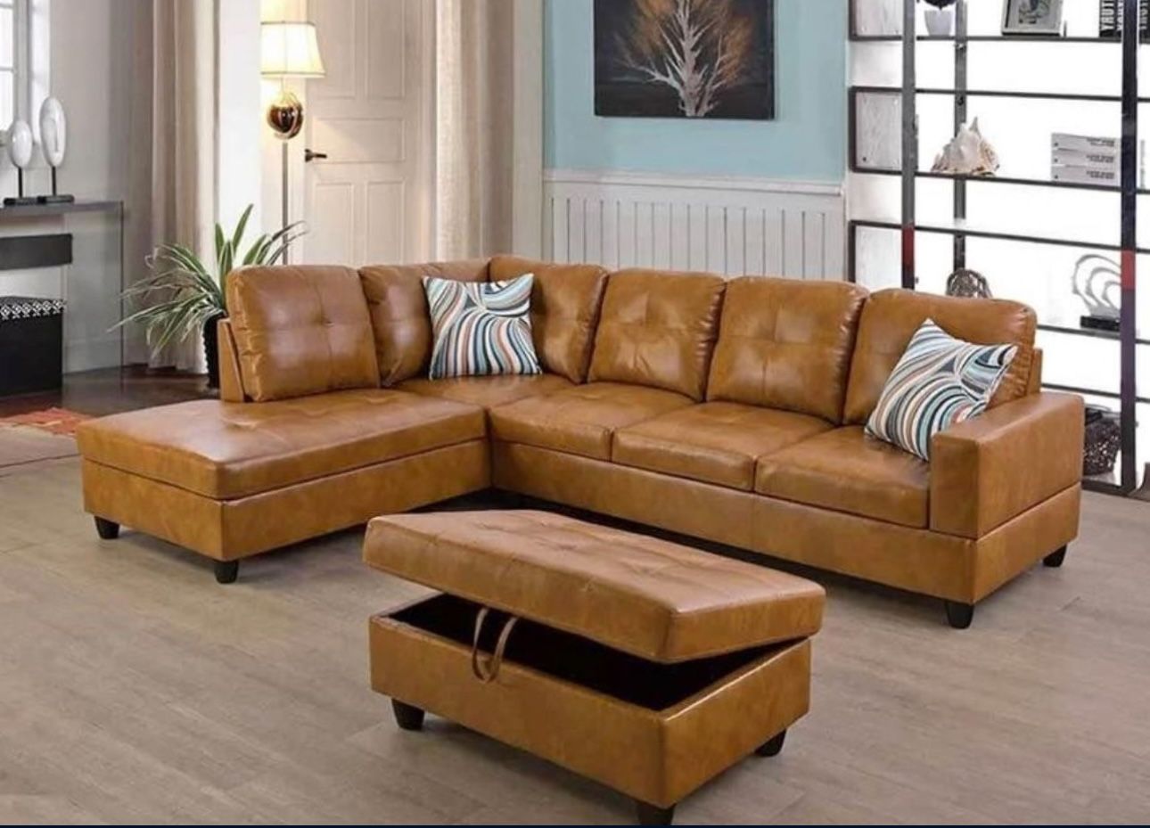 Carmel Leather Sectional Couch And Ottoman