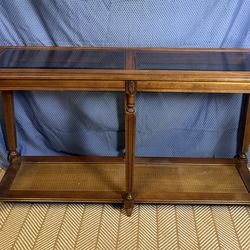 1970s walnut two tier glass top console table