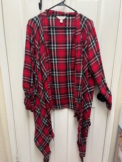 Krazy Kat Red Plaid Fringe Cardigan size XL $5