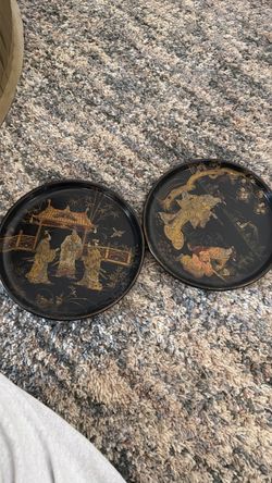Pair of Black Lacquer Asian Decorative Plates