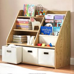 Kids Bookshelf, Kids Toy Storage Organizer with Storage Bins, Wooden Bookshelf and Book Display Shelf for Bedroom, Playroom, Nursery, Classroom, Teak 