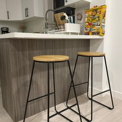 2 Wooden & Iron Bar Stools
