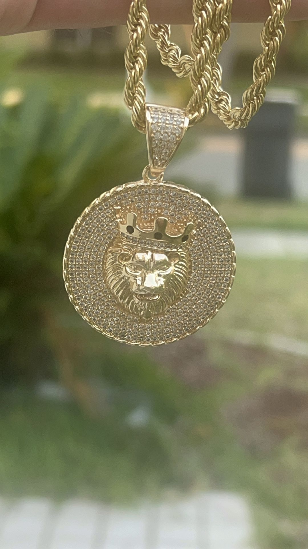 14k Gold Over Sterling Silver Rope Chain And Lion Pendant 