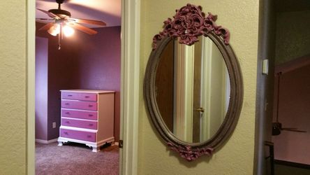 Girls Pink/white Dresser and Mirror. White book shelf.