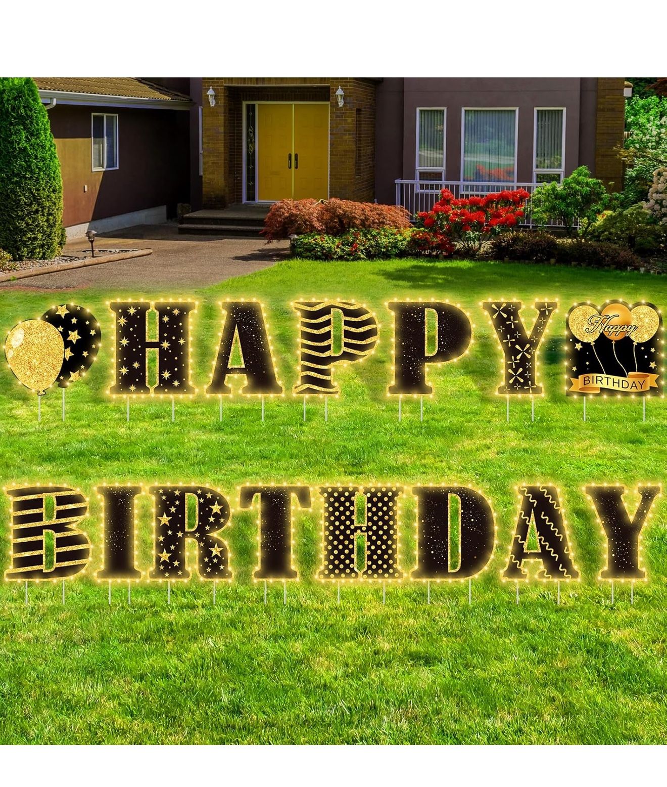 19 Piece Black Gold Happy Birthday Yard Sign With Stakes And Balloons