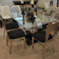 Glass Silver Black Dining Table + 6 Chairs