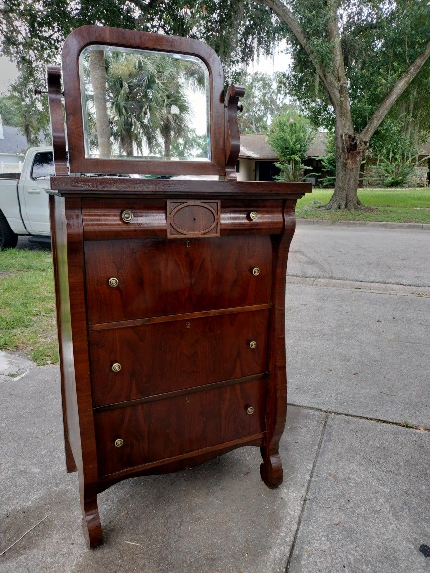 Antique Vintage Empire Chest Dresser W/Mirror