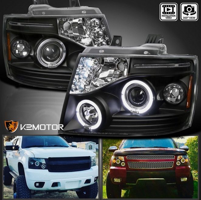 Black Fits 2007-2014 Chevy Tahoe Avalanche Suburban LED Halo Projector Headlight