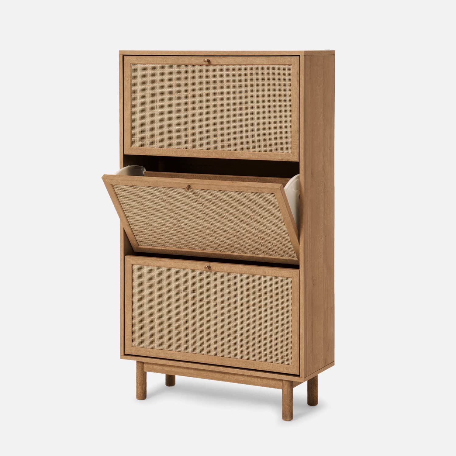 mopio Hannah Shoe Cabinet, Natural Rattan Farmhouse Shoe Storage Organizer, 3 Door Closet Rack for Entryway, Spacious Hallway Storage Cabinet with Doo