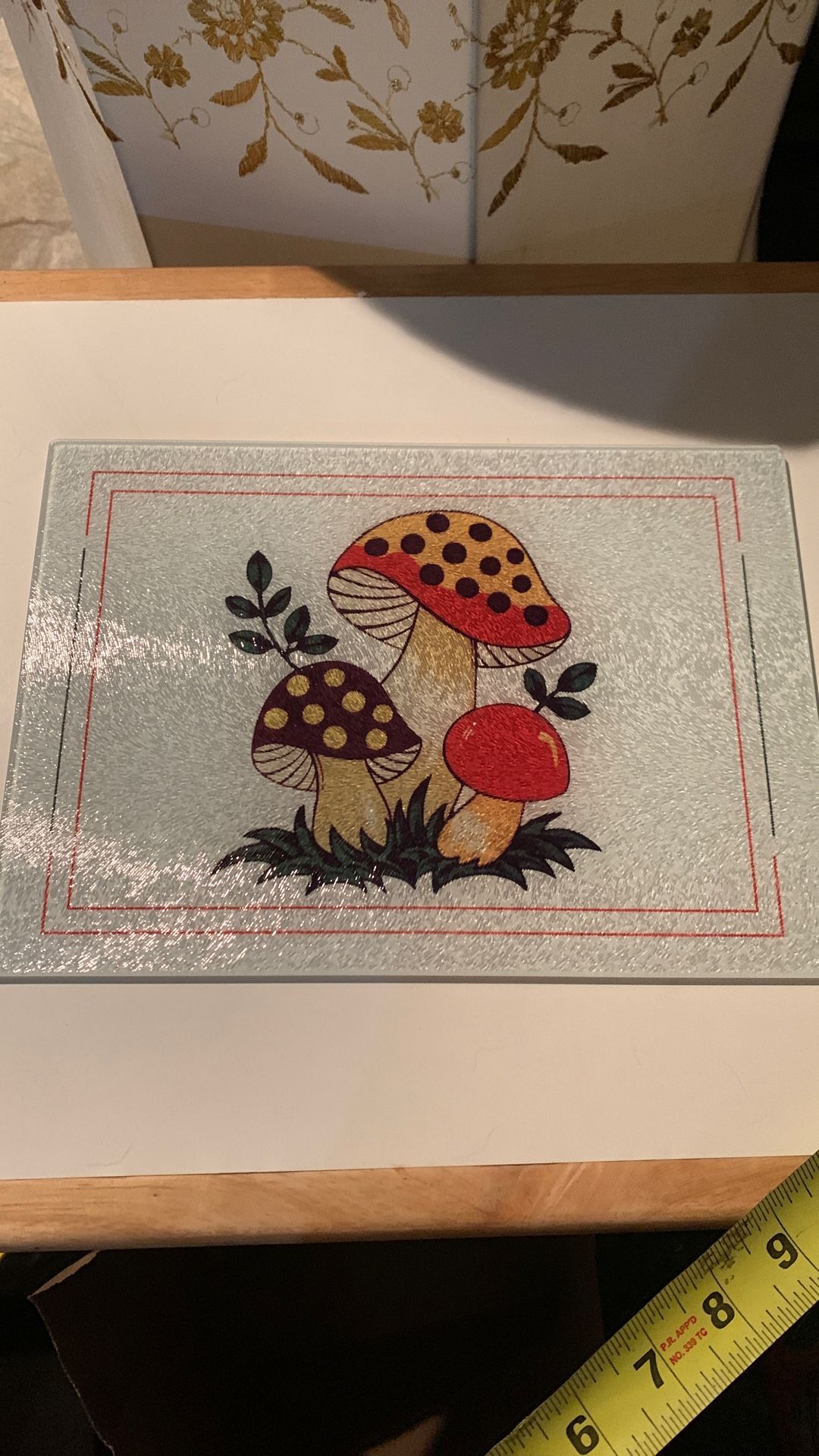 Merry Mushroom Themed Glass Cutting Board With Rubber Feet All 4 - 11”x8”