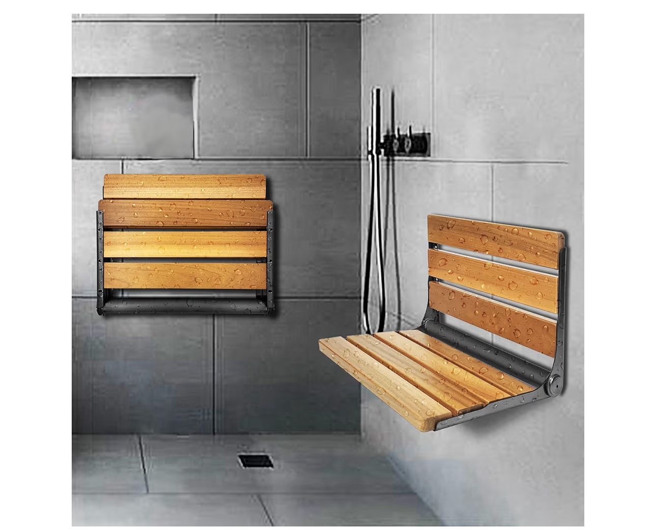Folding Shower Seat Teak, Bath Safety Furniture Black Stainless Steel,, Fold Down Shower Seat
