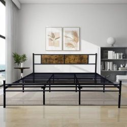 Black Steel & Wood Full Bed Frame - 12" Underbed Storage, No Box Spring Needed, Easy Assembly
