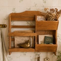 Vintage Pine Wood Carved Shelf Wall Hanging Mail Storage Planter Collectible Mid Century Modern Retro Cottage 