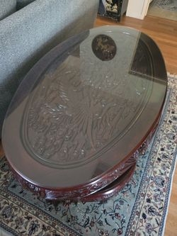 Vintage carved chinese coffee table with 6 nesting stools