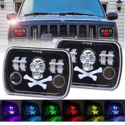 Pair 5x7 7×6 RGB Skull LED Headlights with Bone Pattern Compatible with Cherokee XJ Wrangler YJ GMC