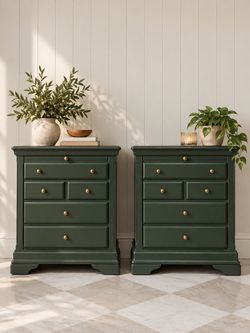Stunning Large Deep Green set of nightstands / Endtables / side tables in deep olive green with timeless knobs and tray