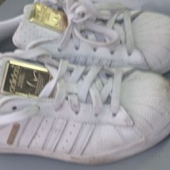 Gold/White Adidas SuperStar Three Stripes Sneakers Size 5Y