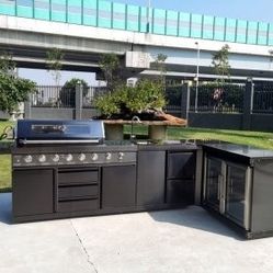 Black Stainless Steel Grill 4 Piece Outdoor Kitchen Grill Island Refrigerator Sink with Corner