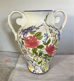 Large Hand-Painted Ceramic Floral Vase with Handles