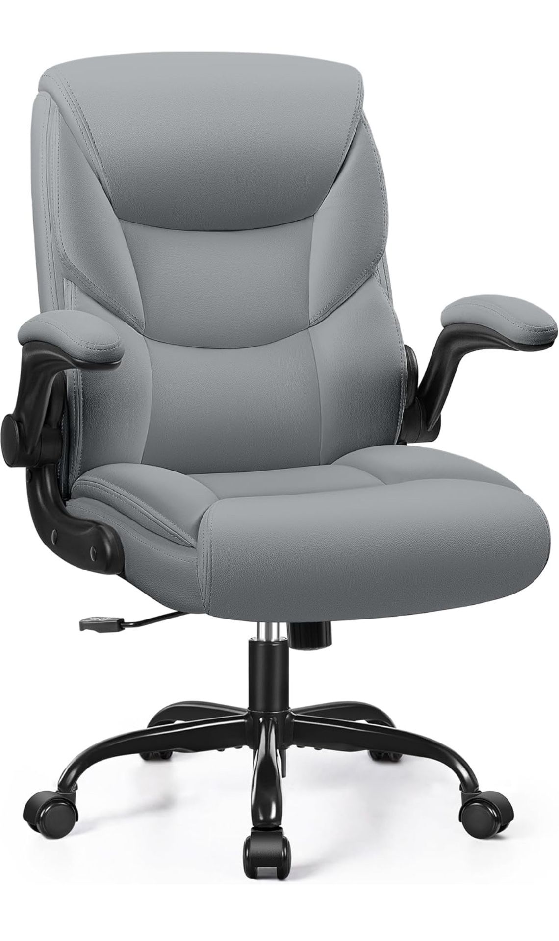 Leather Office Chair, Small PU Ergonomic Desk Chair, Comfy Computer Chair with Wheels and Flip-up Armrests, Adjustable Height Mid Back Executive Offic
