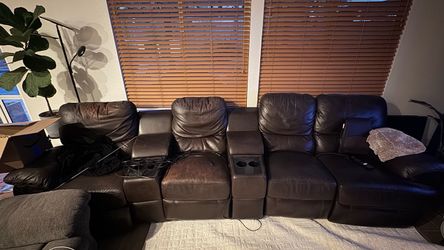 Espresso Brown Leather Couch Sofa with Recliners and Storage