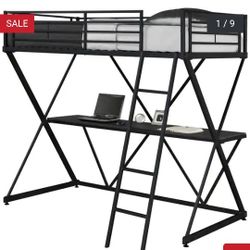 KIDS METAL LOFT BED WITH DESK With MATTRESS,  Twin Size