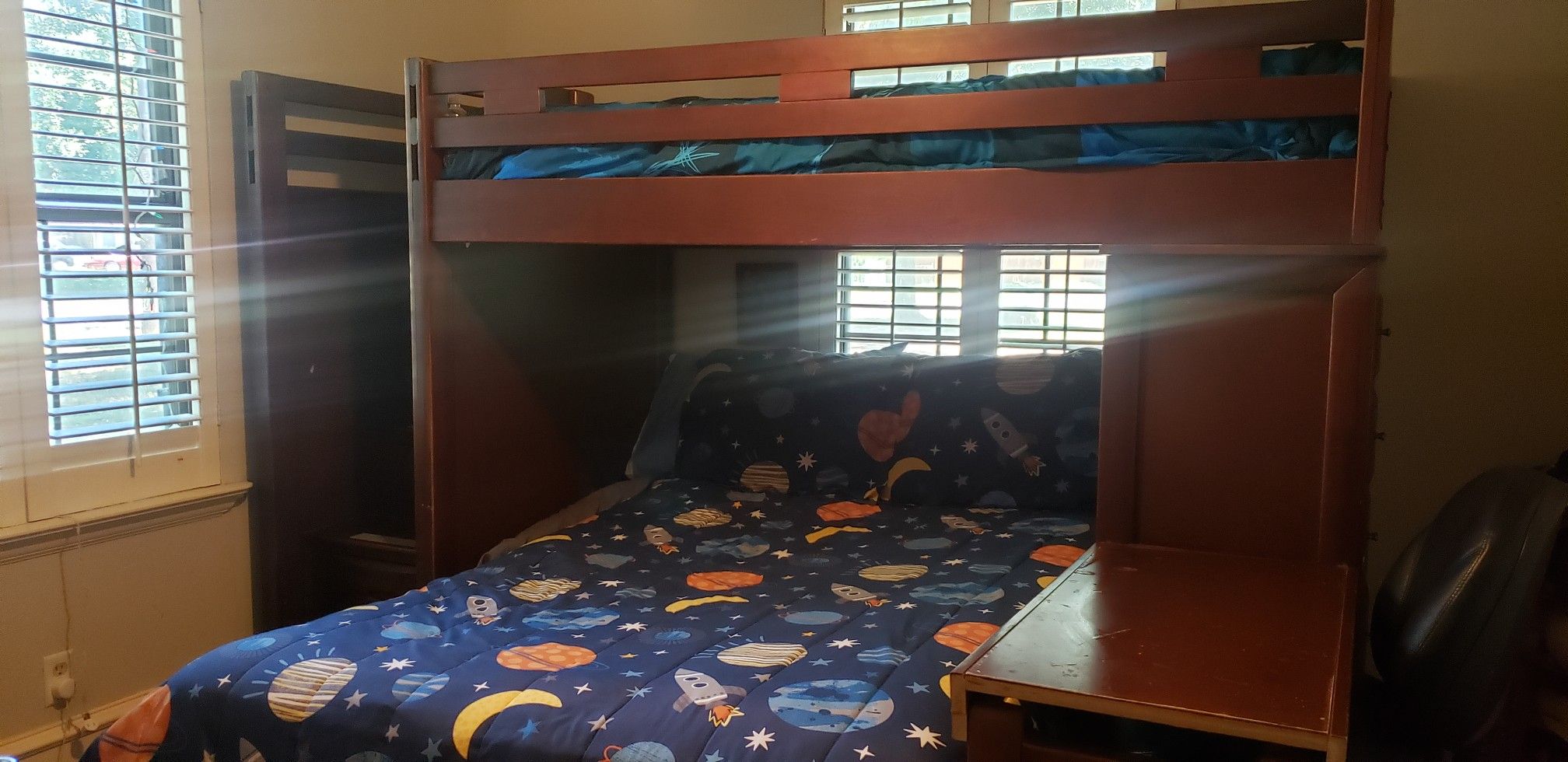 Twin/full step bunk bed with desk and chest