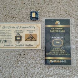1 Gram Pamp Certified Gold Bar And 1.5 Grain Cards 